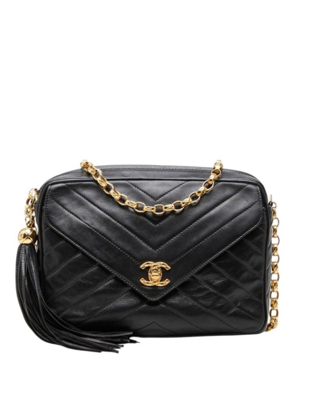 Chanel Chevron V-stitch CC Logo Chain Shoulder Bag Black Lambskin